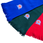 Soft acrylic school scarves in blue, dark green and red