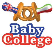 Logo di Baby College con giocattoli colorati e bandiere internazionali