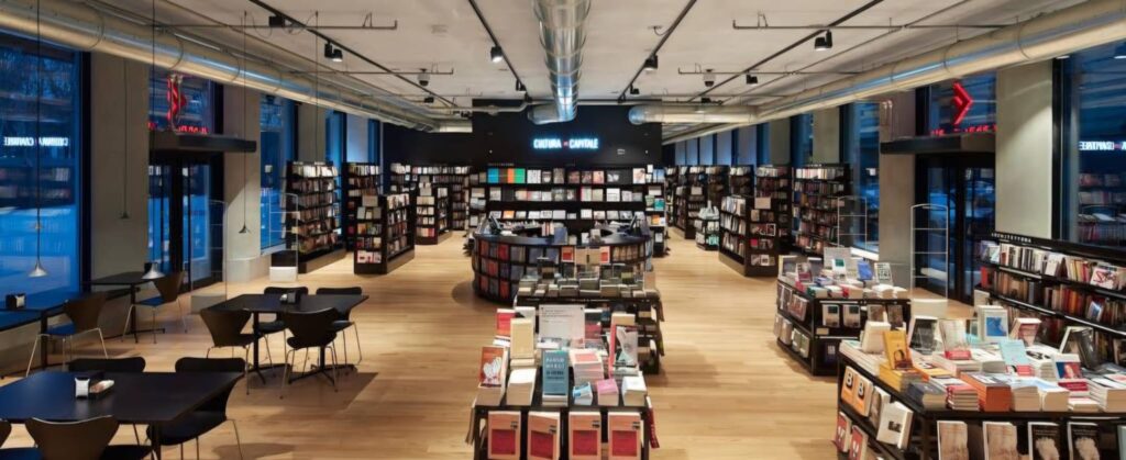 Bookstore café in Milan with calm atmosphere and coffee seating, a reliable stop for where to study in Milan in multiple city locations.
