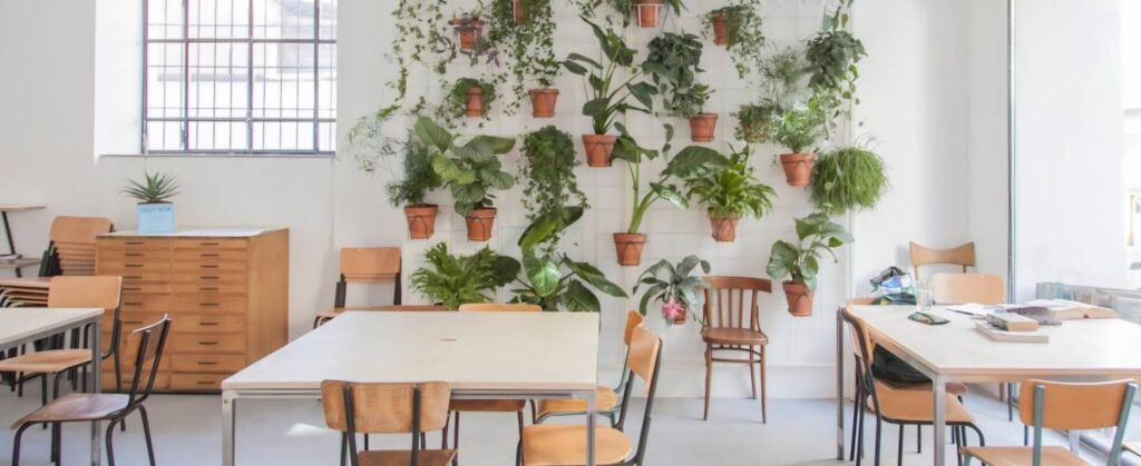 Modern café in Milan combining workspace seating and coffee culture, a stylish option for where to study in Milan with plants and wooden tables.